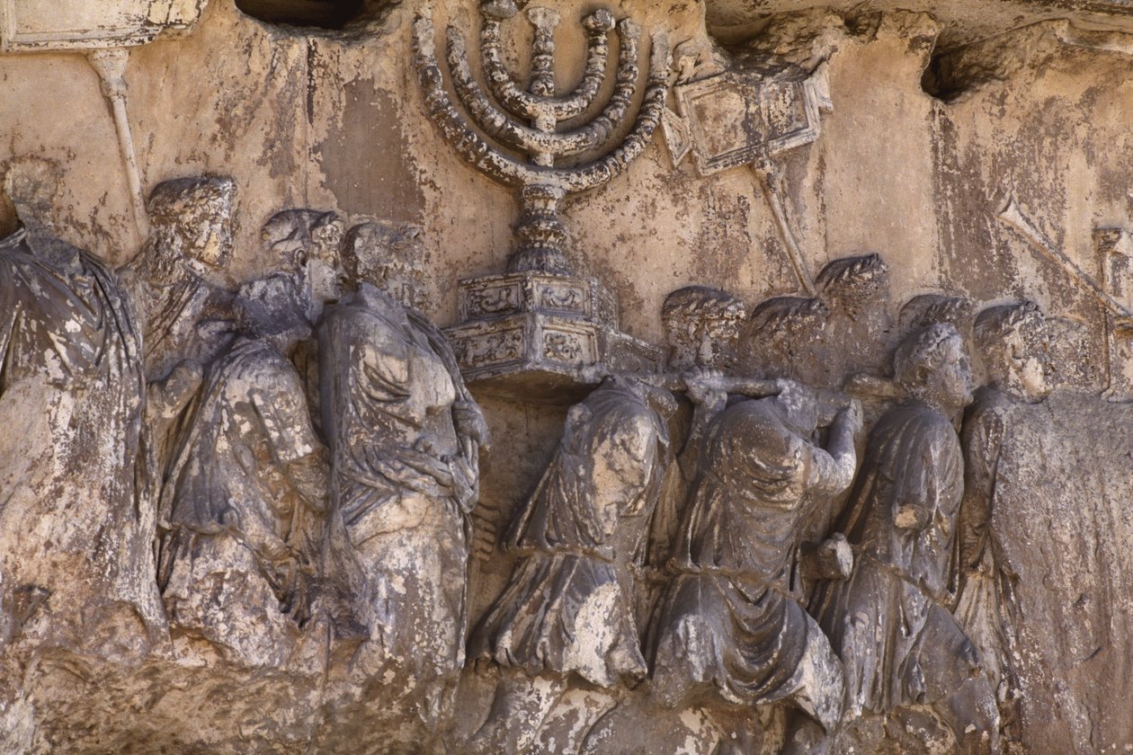 Titusbuen, detalje af tempelskattene, der blev båret efter plyndringen af Jerusalem i 70 e.Kr., sten 81 e.Kr. af Roman