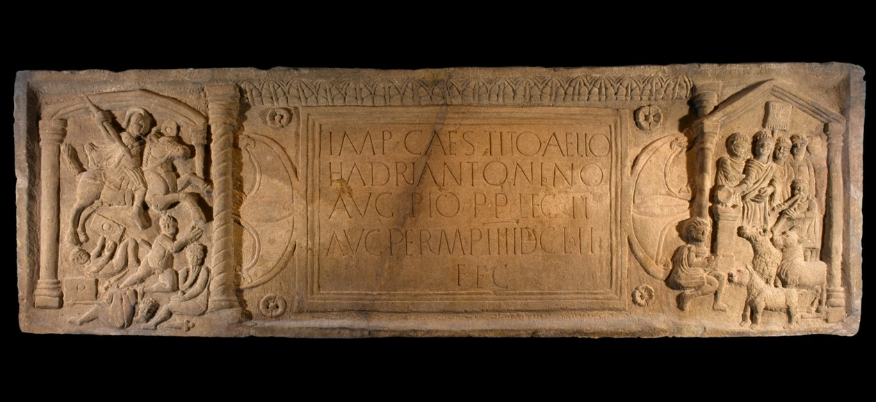 Bridgeness Slab, detalje fra en afstandsplade i sandsten, der symboliserer den romerske erobring, fra Bridgeness, West Lothian, ca. 142 e.Kr. af Roman