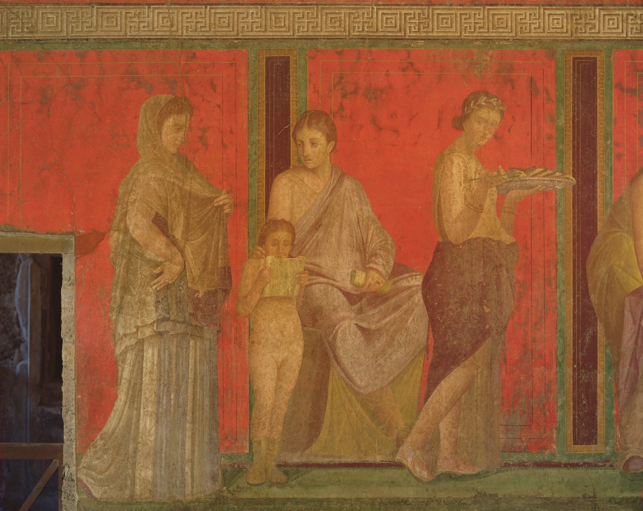 Katekismen med en ung pige, der læser og den indviede, der giver et offer, Nordmuren, Oecus 5, ca. 60-50 f.Kr. (se også 55070, 57184 og 166518) af Roman