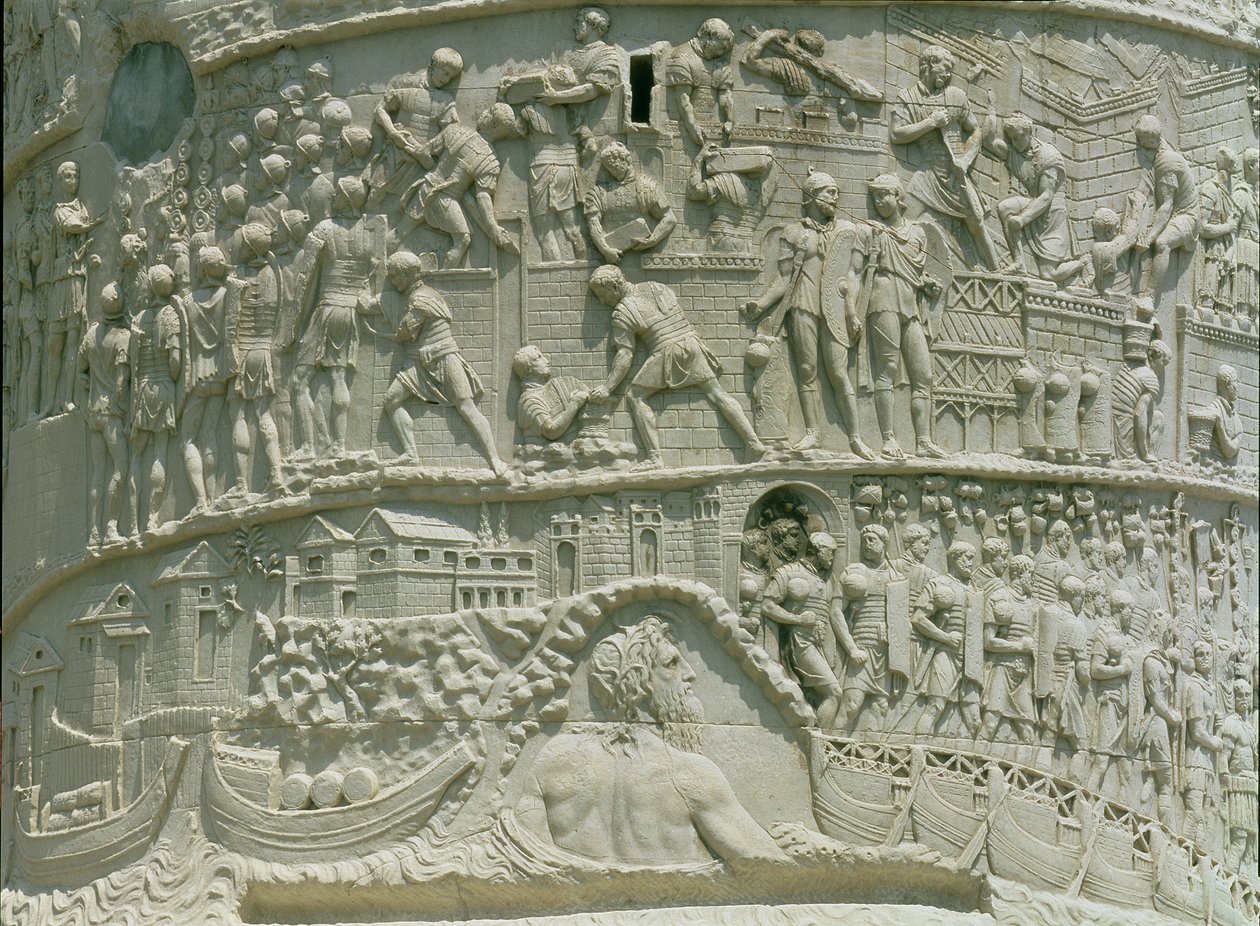 Den romerske hær krydser Donau, detalje fra Trajans søjle, 113 AD (kalksten) af Roman