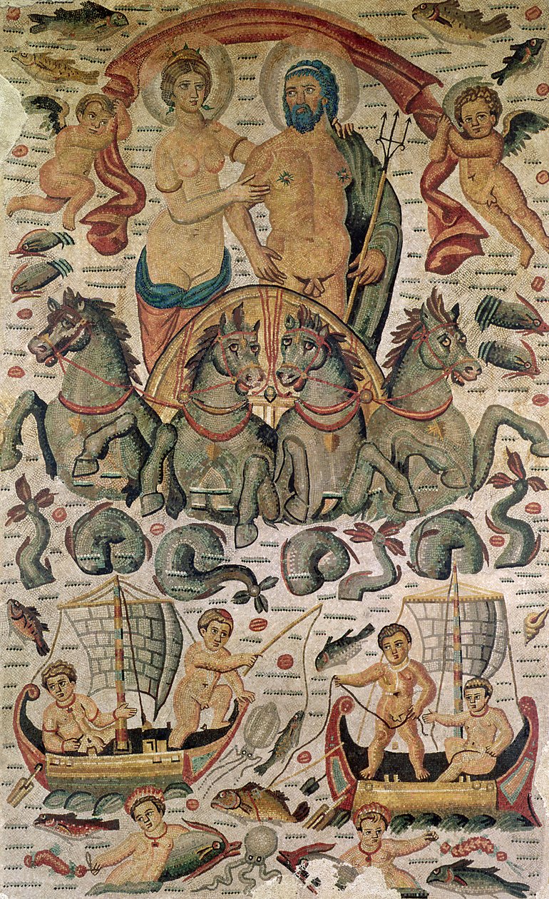 Neptuns og amfitrits triumf, fragment af fortovet, fra Constantine, Algeriet (mosaik) af Roman