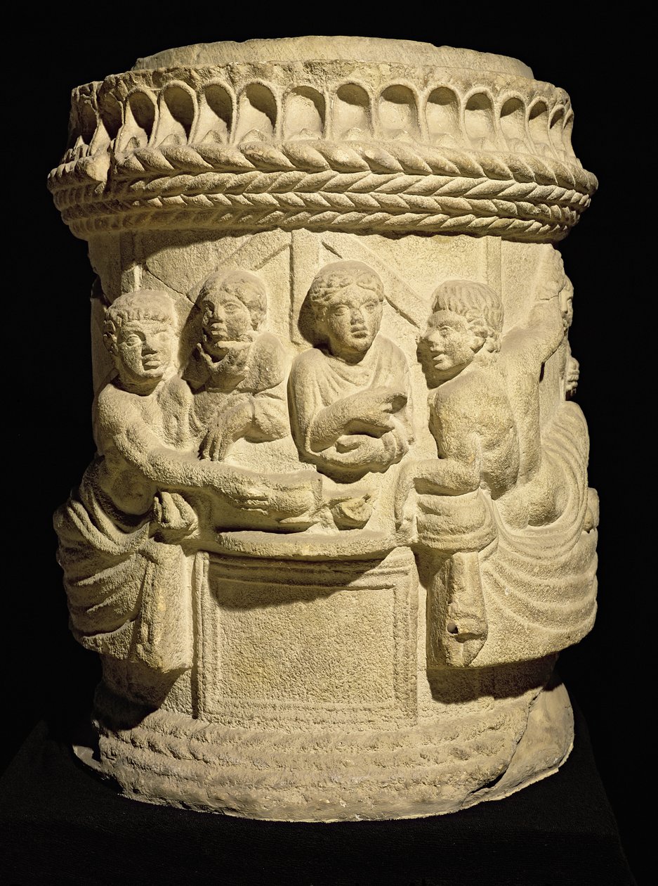 Urne, der forestiller et familiemåltid, fra Aquileia af Roman