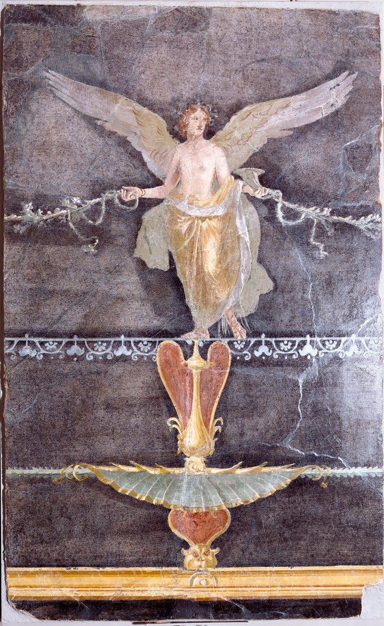 Vægfragment med bevinget hun (Nike) på sort grund, ca. 70 af Roman