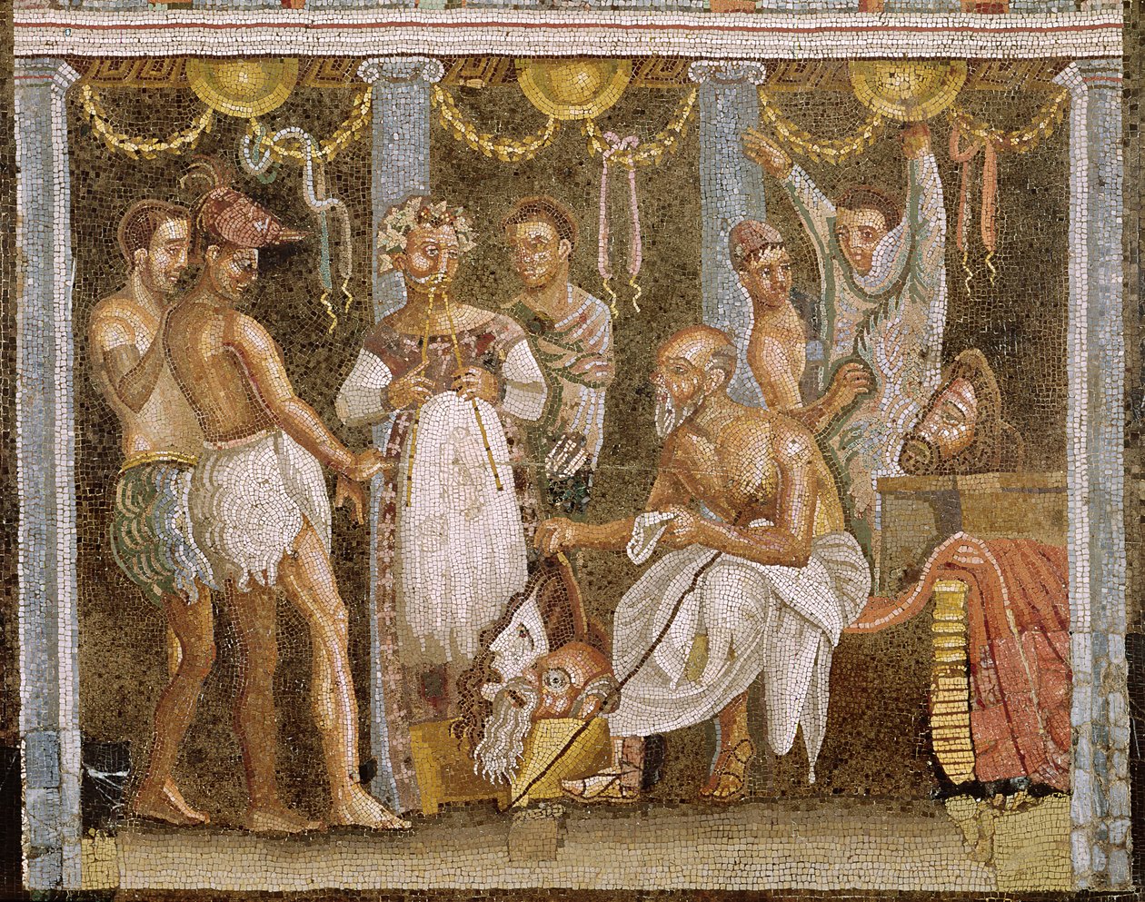 Skuespillere øver på et Satyr-skuespil, ca. 62-79 e.Kr. (mosaik) (se også 5035) af Roman Imperial Period