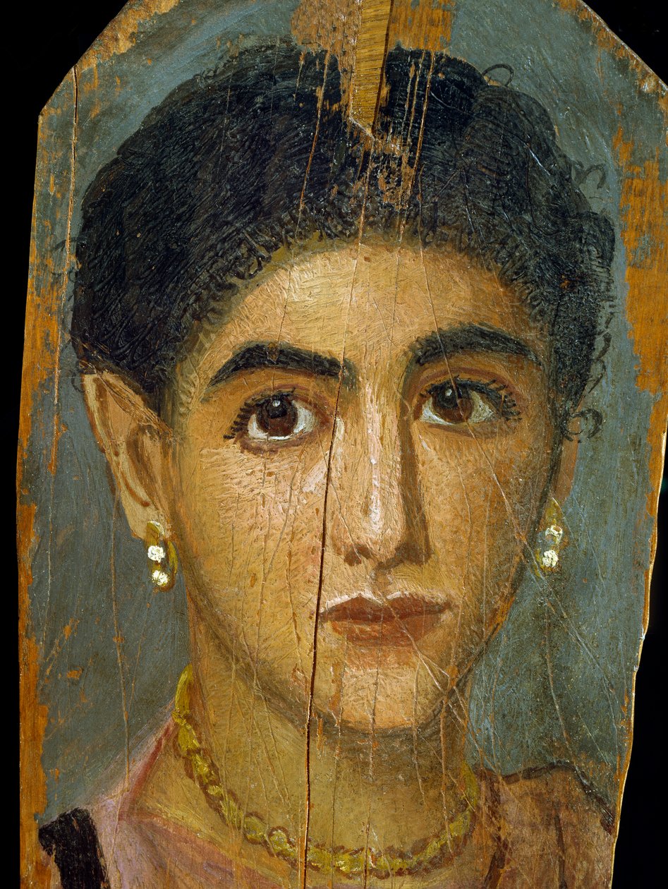 Kvindelig mumieportræt, fra Theben, 2. århundrede (enkaustisk voks og maling på limetræ) af Roman Period Egyptian