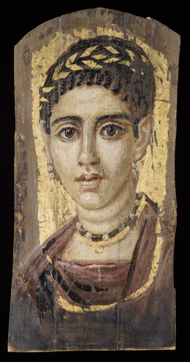 Portræt af en ung kvinde med en forgyldt krans, 120-140 e.Kr. (enkaustisk, træ, bladguld) af Roman Period Egyptian