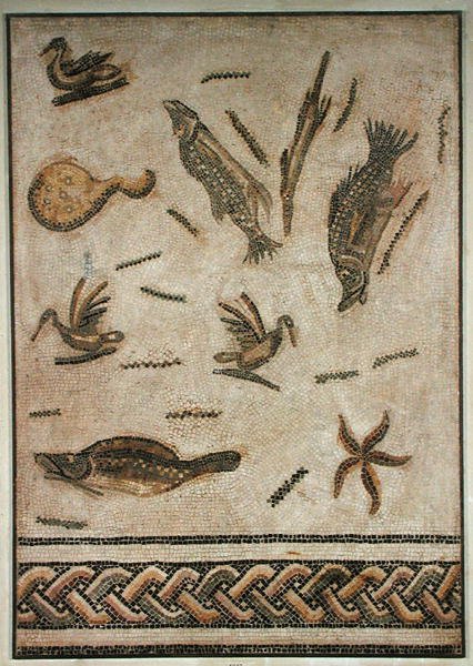 Ænder og marin fauna, fragment af fortovet fra Utica, Tunesien, 3.-4. århundrede (mosaik) af Roman Roman