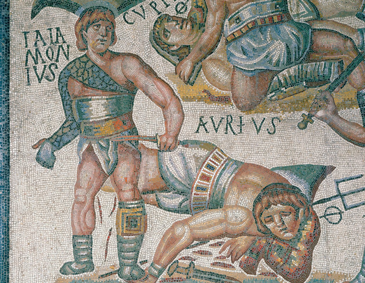 Mosaik, der viser en scene med kæmpende gladiatorer, detaljer, som ligger i Borghese-galleriet i Rom af Roman Roman