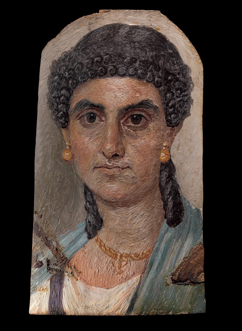 Panelmaleri af en kvinde i en blå kappe, 54-68 e.Kr. (enkaustisk på træ) af Roman Roman