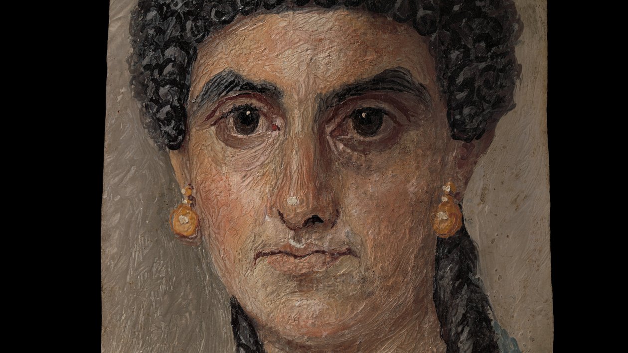 Panelmaleri af en kvinde i en blå kappe, 54-68 e.Kr. (enkaustisk på træ) af Roman Roman