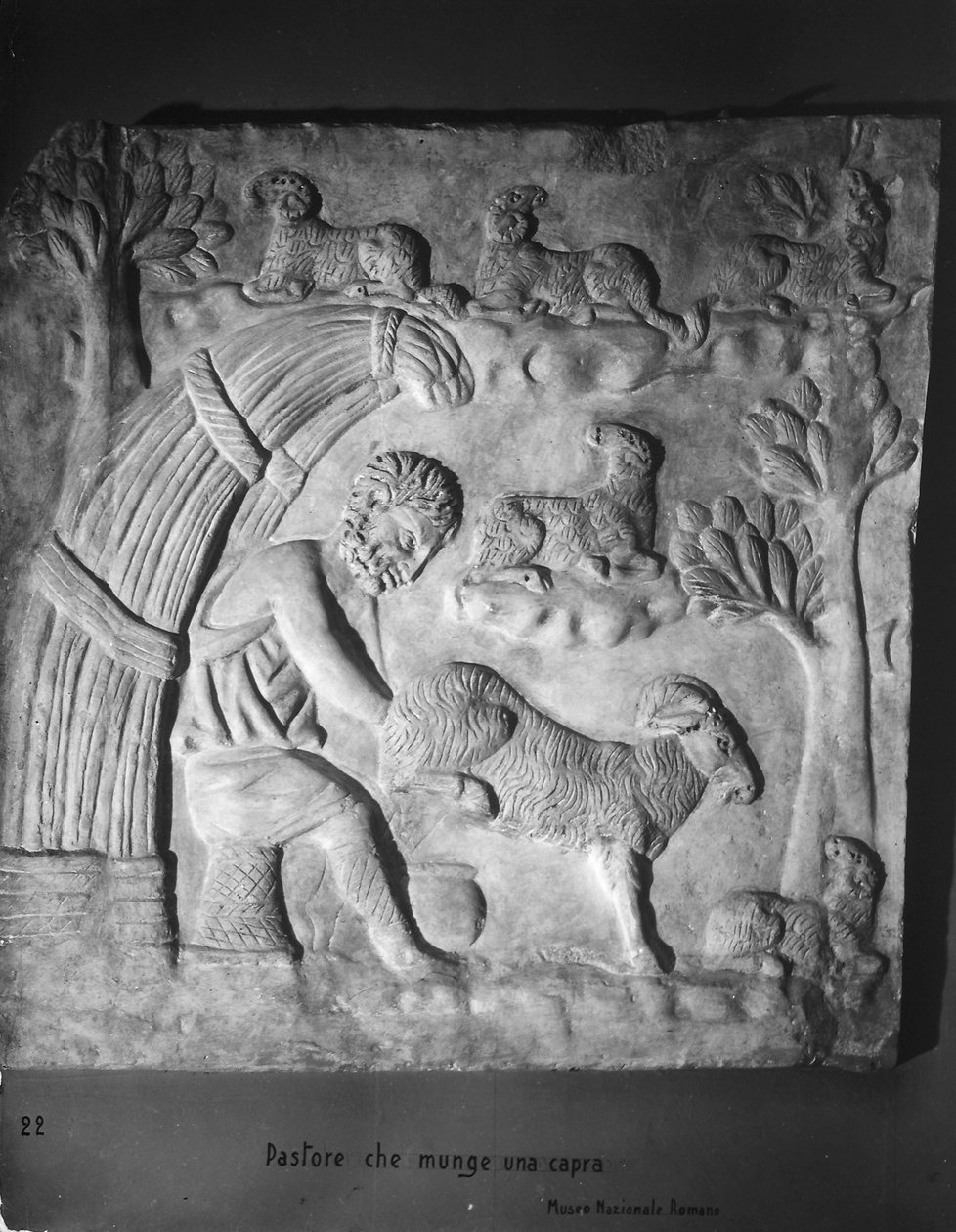 Hyrde malker en ged, detalje fra en sarkofag af Roman Roman