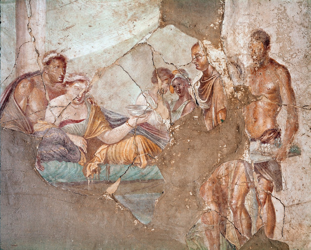 En banket, sandsynligvis dronningen af Numidia Sophonisba, der begår selvmord ved at drikke gift (fresko af Roman