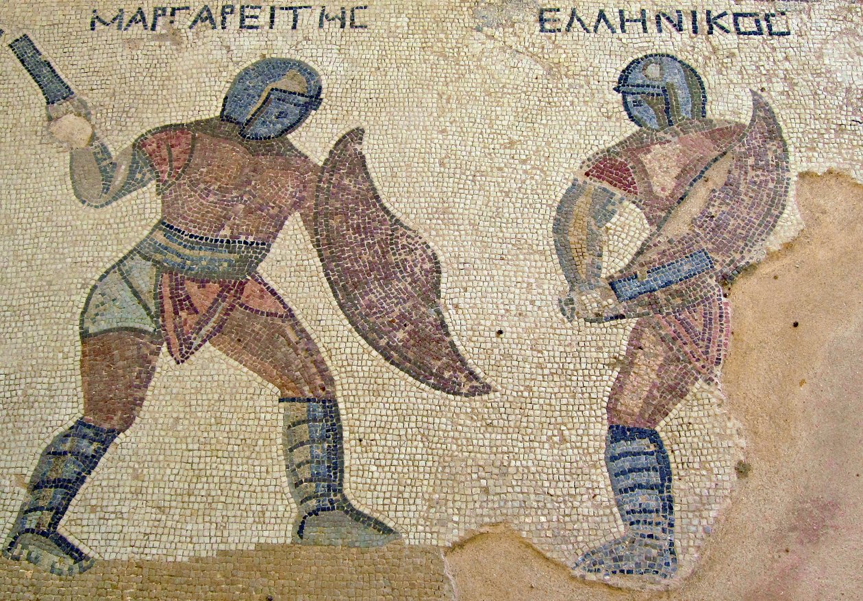 En kamp mellem to gladiatorer, Gladiatorernes hus, Kourion, Cypern (mosaik) af Roman