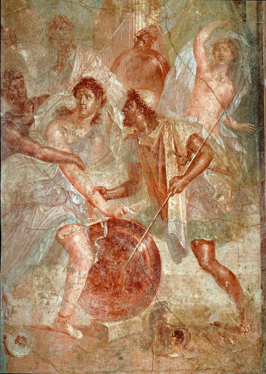 Achilles, forklædning hos kvinder, er genkendt af Ulysses blandt døtrene af Lycomede en Scyros Fresco af Pompei. 1. århundrede e.Kr. Svag. 145,5x137,5 cm Napoli, nationalt arkæologisk museum - romersk kunst. Voldelig kamp mellem befolkningen i Pompeji og N af Roman