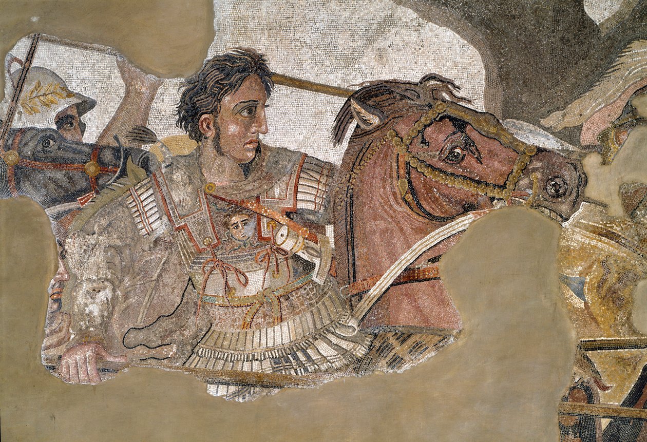 Alexander den Store (356 - 323 f.Kr.) på sin hest Bucephale. Mosaik fra Faunens Hus, Pompeji af Roman