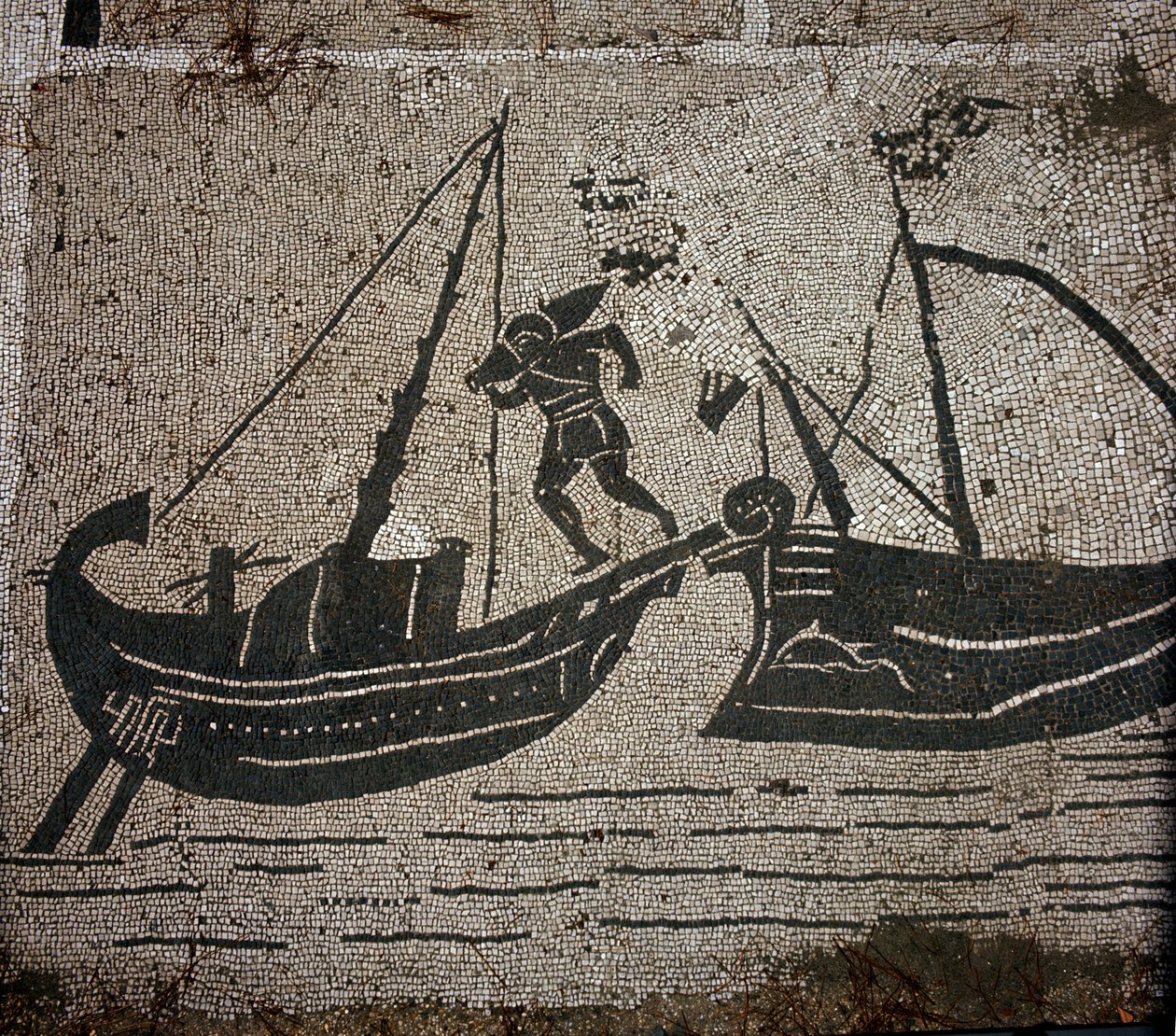 Gamle Ostia (Ostia). Place des Corporations. Mosaik af Sabratha Seafarers Corporation. Lastning af varer på et fartøj. af Roman