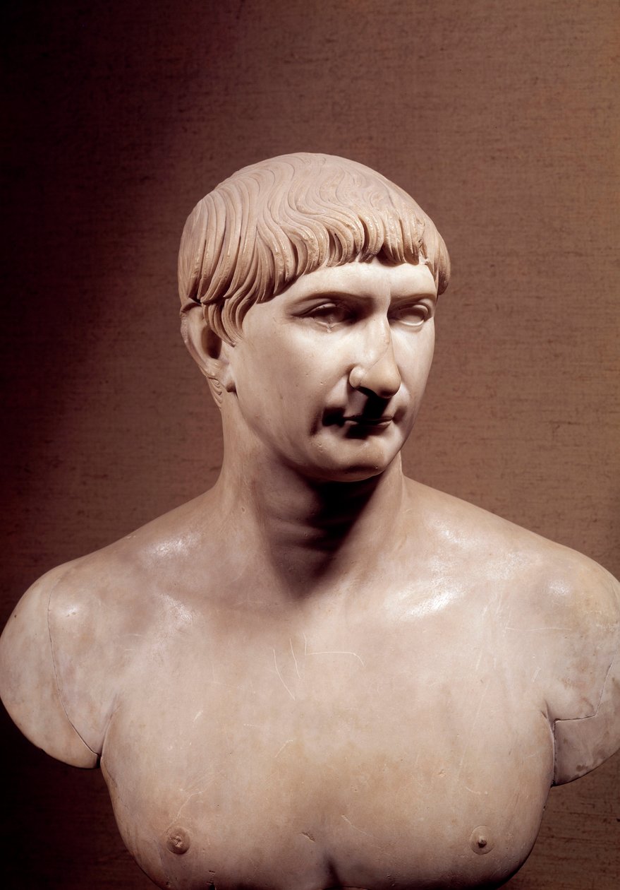 Det antikke Rom: marmorbuste af kejser Trajan (Marcus Ulpius Traianus) (98-117 e.Kr.) Musee du Louvre Paris af Roman