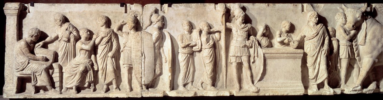Det antikke Rom: relief kendt som Domitius Ahenobarbus, episode af en folketælling: registrering af borgere og ofring til guden Mars. Omkring 100 f.Kr. søn 2 m. Paris, Louvre-museet af Roman
