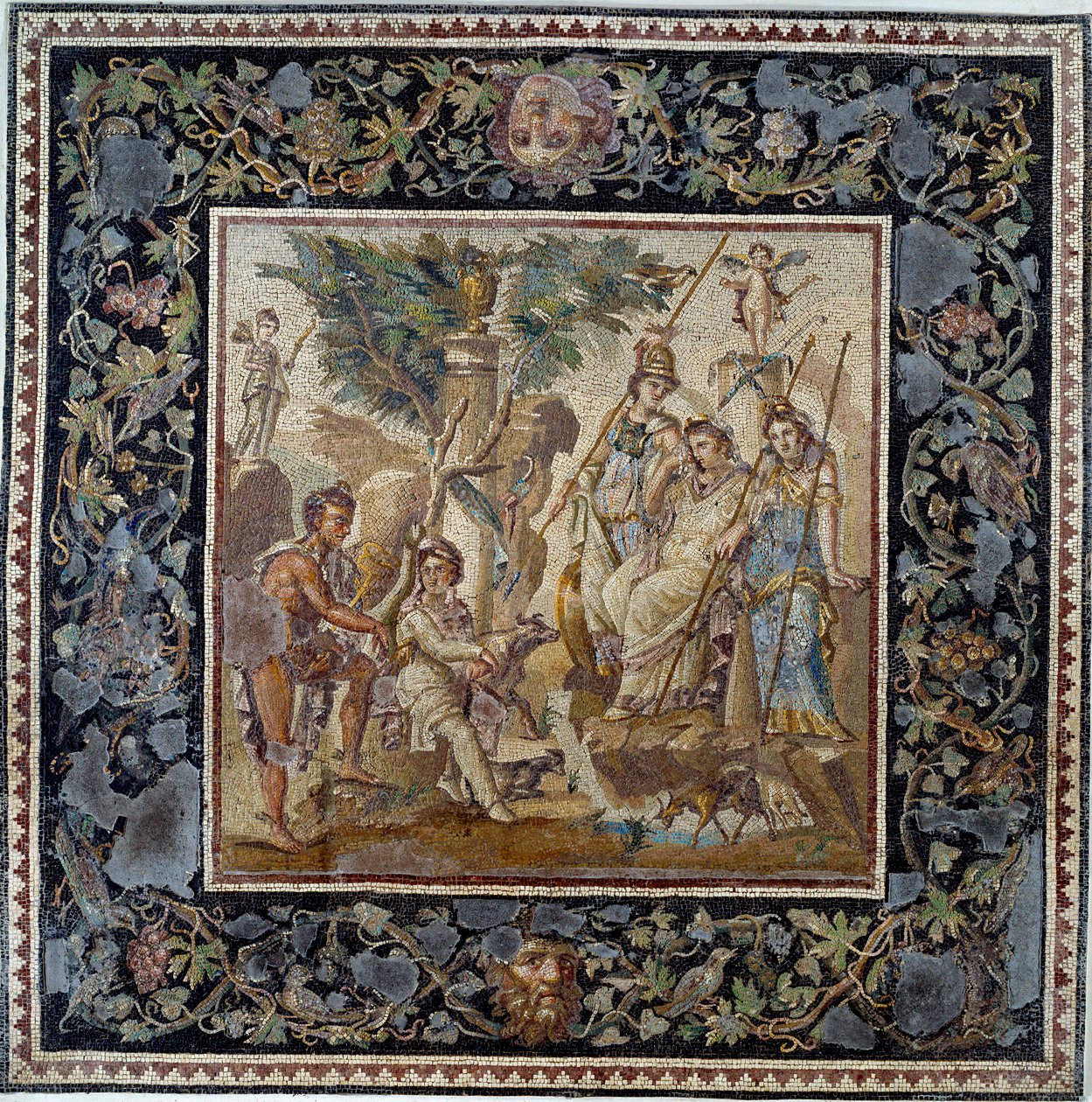 Det antikke Roms kunst: Paris-dommen. Mosaik fra huset til Atrium a Antiochia, 2. århundrede e.Kr. Louvre-museet af Roman