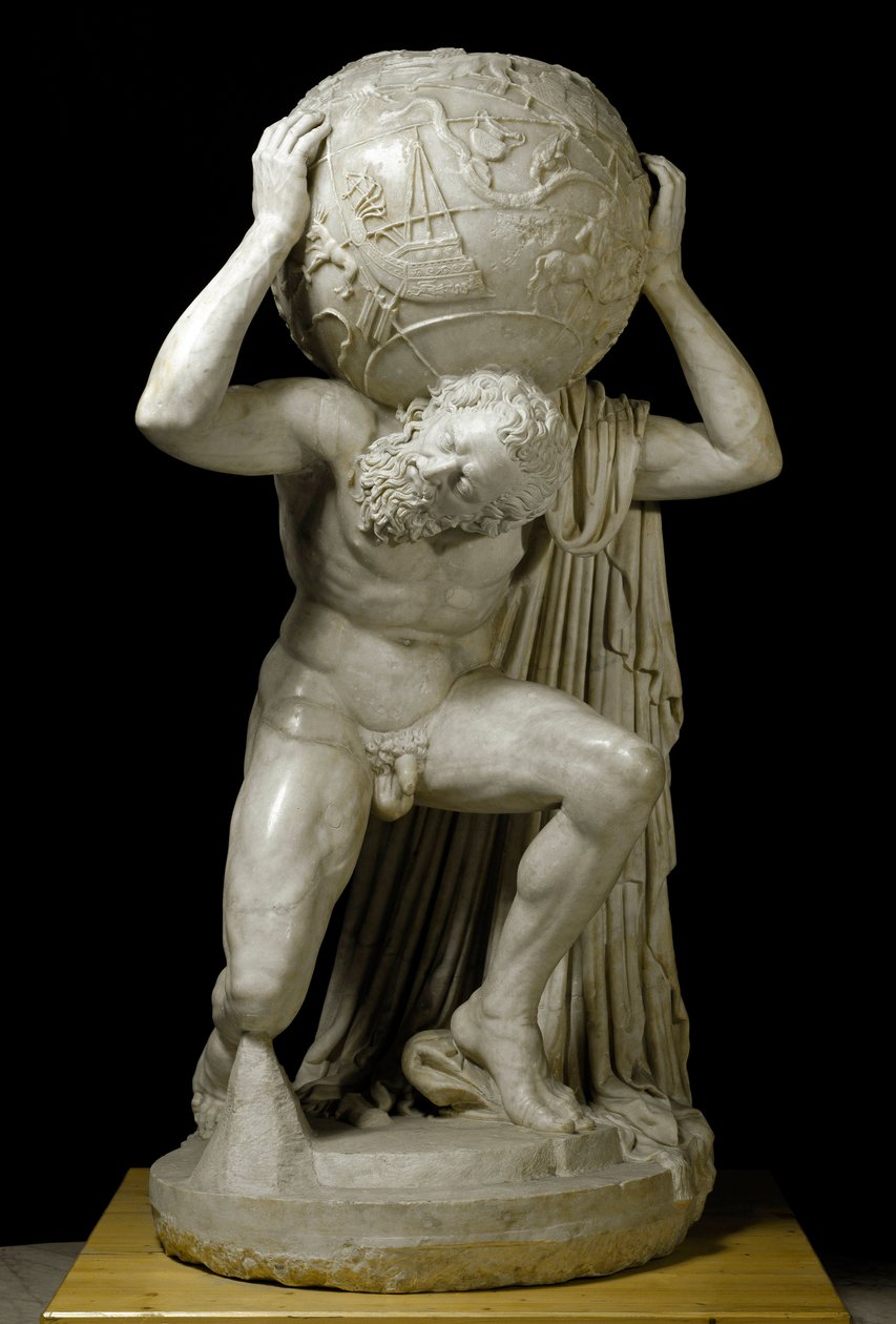 Atlas Farnese Atlas, der bærer den himmelske globus, der symboliserer astronomisk viden om perioden. Romersk marmorskulptur efter en græsk original. 2. århundrede. Svag. 191 cm Museo Archeologico Nazionale, Napoli af Roman