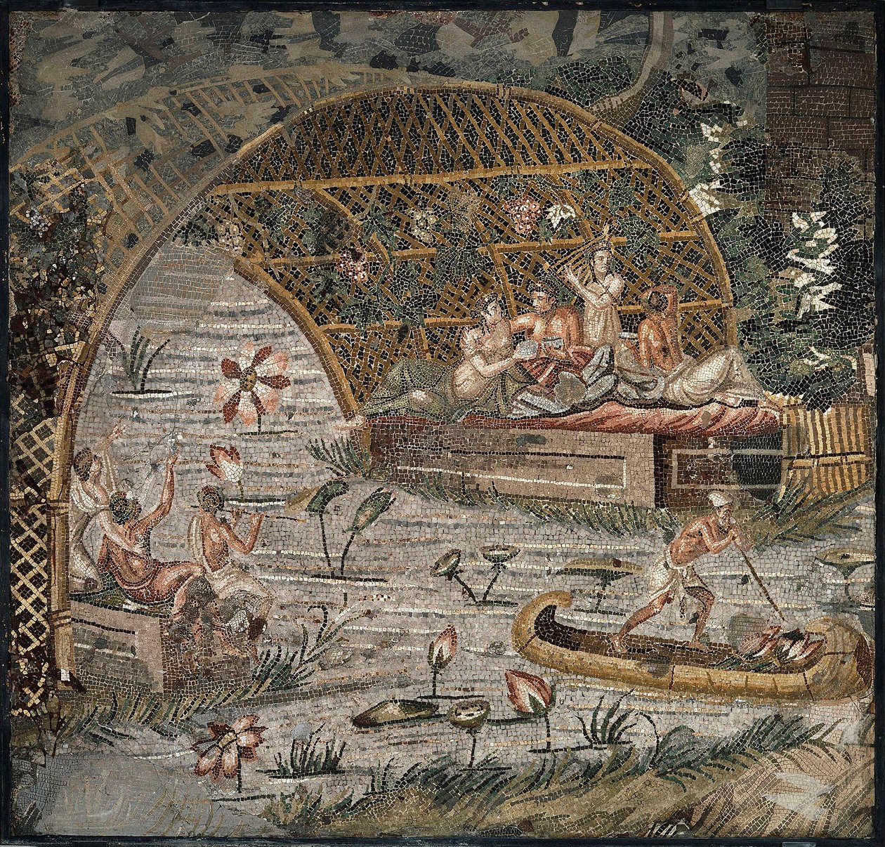 Banket under en pergola nær Nilen - Detalje af Nilen Mosaik af Palestrina - 3. århundrede f.Kr. - Nilen Mosaik af Palestrina - 3. århundrede f.Kr., 95x102 cm - Staatliche Museen, Berlin af Roman