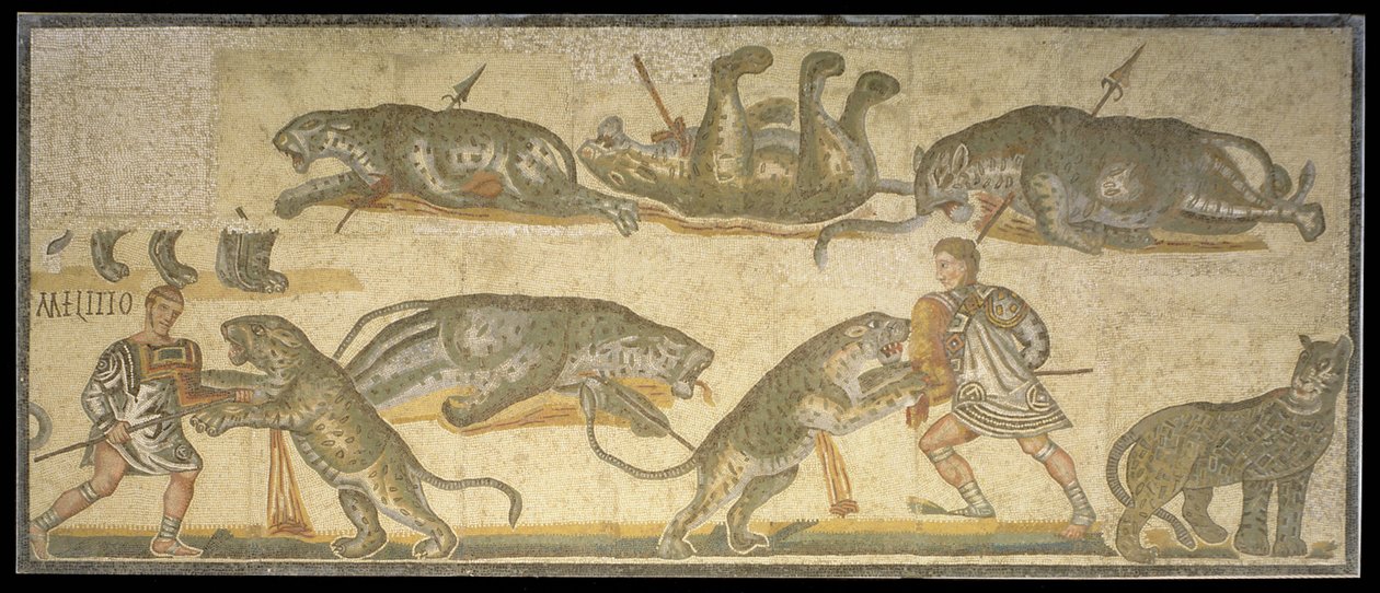 Kamp mellem gladiatorer og vildkatte, 320 AD (mosaik) af Roman
