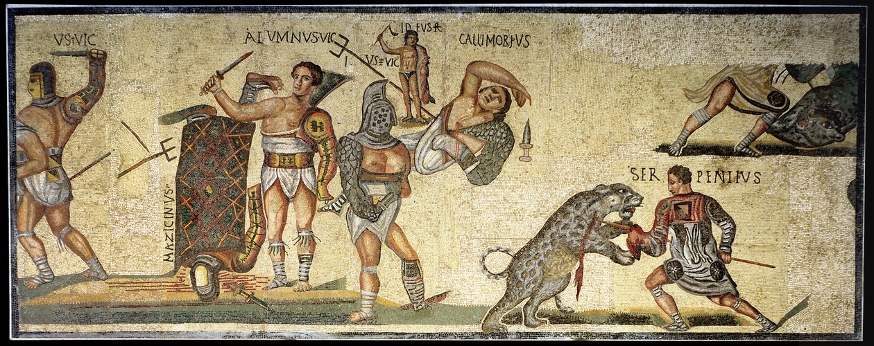 Kamp mellem gladiatorer og vildkatte, 320 AD (mosaik) af Roman