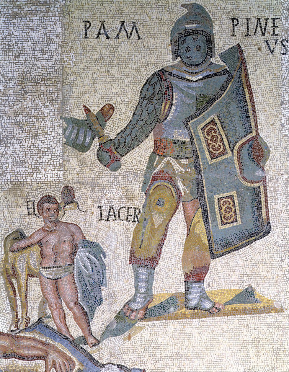 Battle between Gladiators, detalje af en gladiator bevæbnet med en dolk og et skjold, 320 AD (mosaik) af Roman