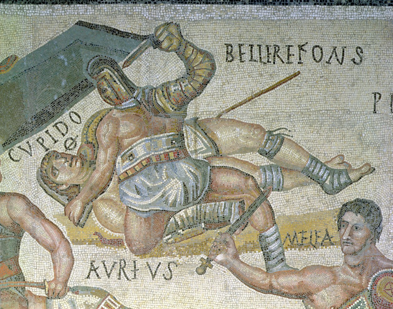 Kamp mellem gladiatorer, detalje af en gladiator, der klemmer en anden til jorden, 320 AD (mosaik) af Roman