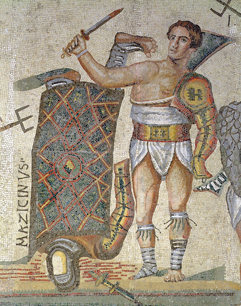 Battle between Gladiators, detalje af en sejrrig gladiator, 320 AD (mosaik) af Roman