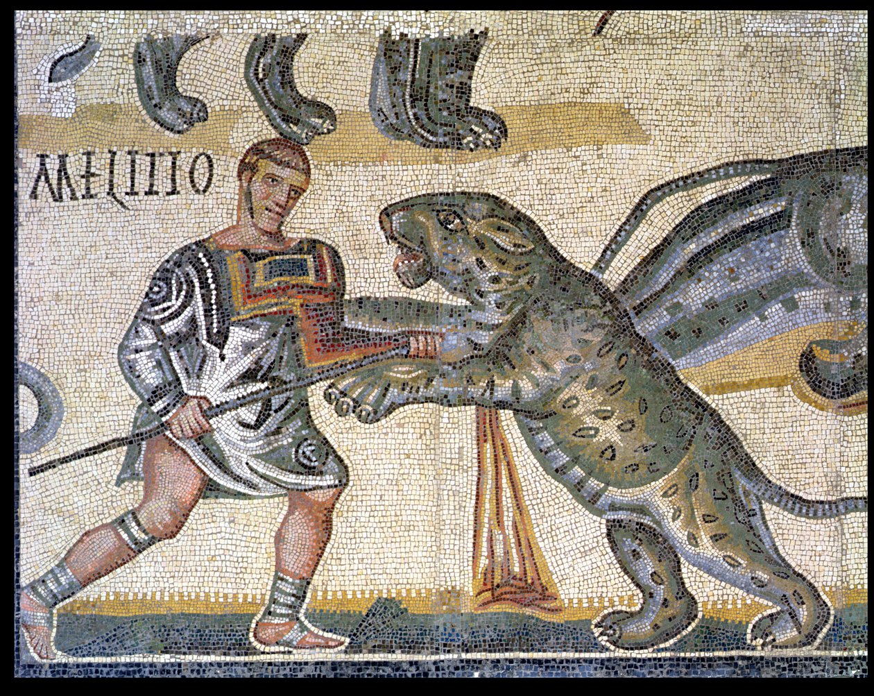 Slaget mellem gladiatorer mod vildkattene, detalje, der viser en gladiator, der løber gennem en vildkat, 320 e.Kr. (mosaik) af Roman