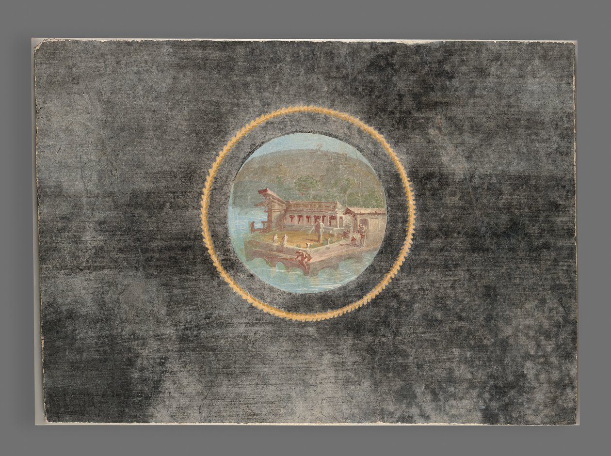 Black-Ground Fresco Fragment with Landscape in Tondo, 50-79 A.D. (fresco) af Roman
