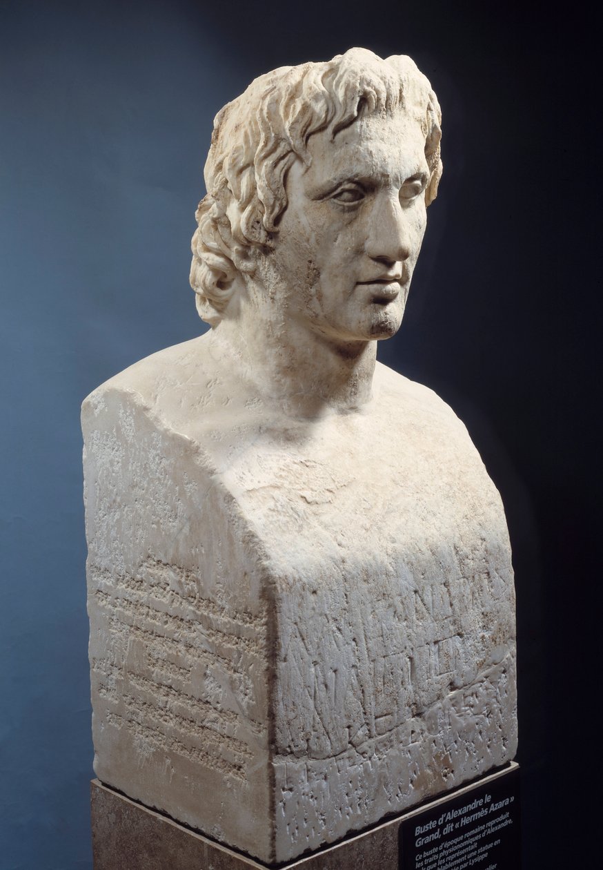 Buste af Alexander den Store, kendt som "Hermes Azara", romersk værk efter en bronzestatue af Lysippe. Omkring 330 f.Kr. Paris, Louvre-museet af Roman