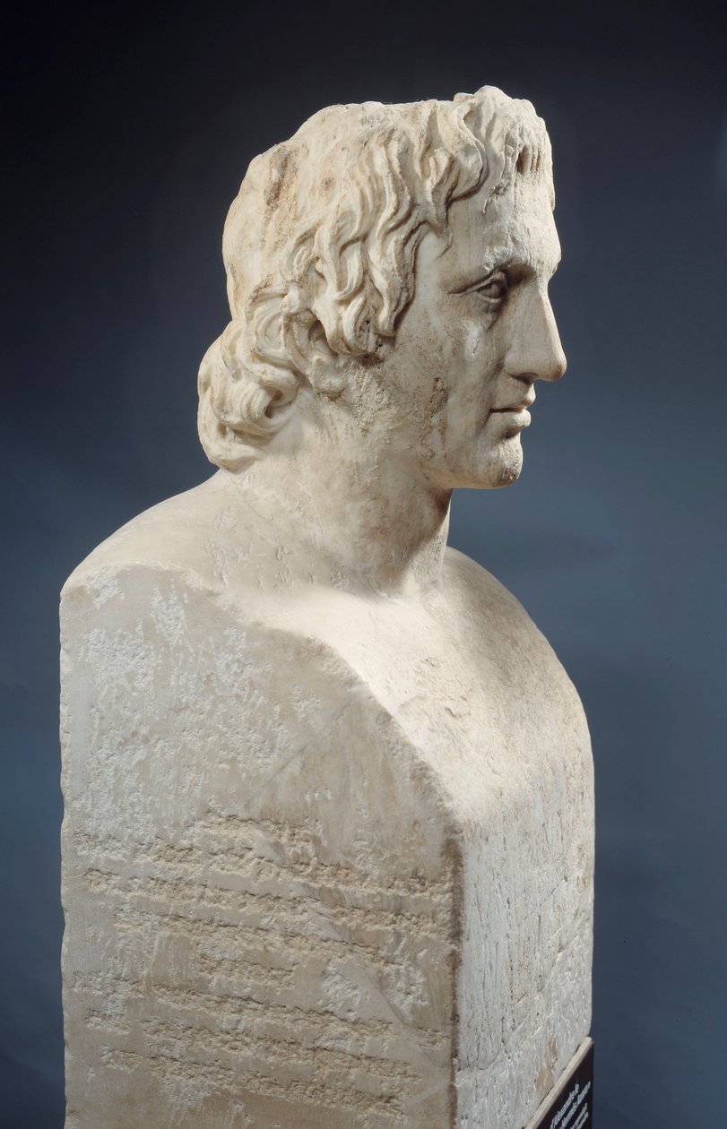 Buste af Alexander den Store, kendt som "Hermes Azara", romersk værk efter en bronzestatue af Lysippe. Omkring 330 f.Kr. Paris, Louvre-museet af Roman