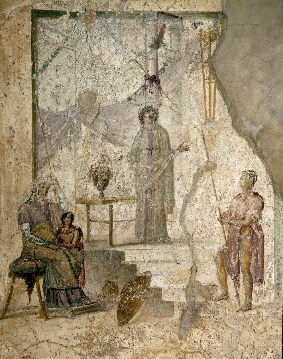 Cassandra profeterer Trojas fald, hendes far Priamos, der sidder til venstre, hendes bror Paris, der holder Discords æble og en kriger læner sit spyd (sandsynligvis Hector) - Fresco af Roman