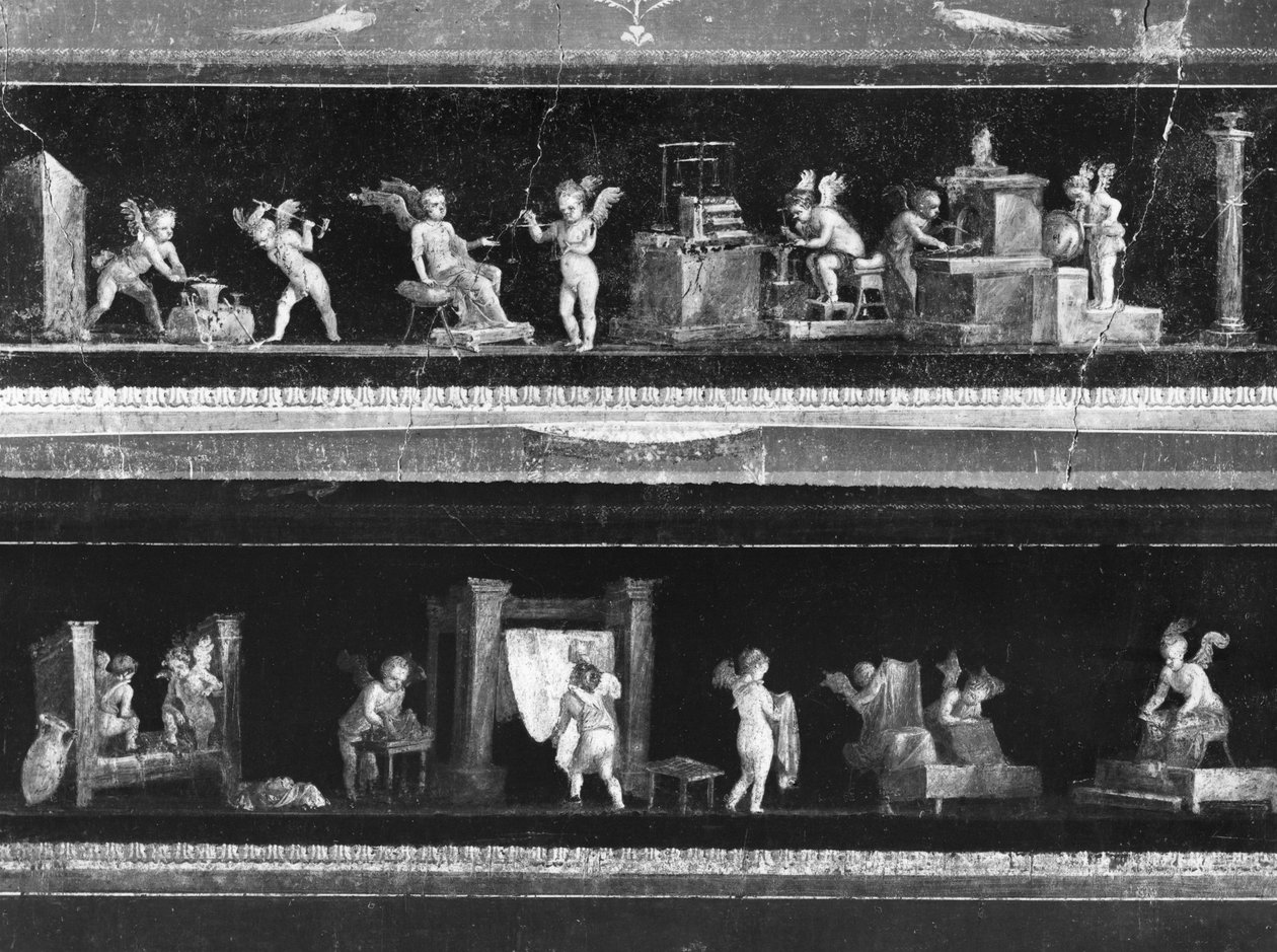 Keruber, der tjener penge og farver stof, frise fra Oecus af Casa dei Vettii (Vettiiernes hus) ca. 50-79 e.Kr. af Roman