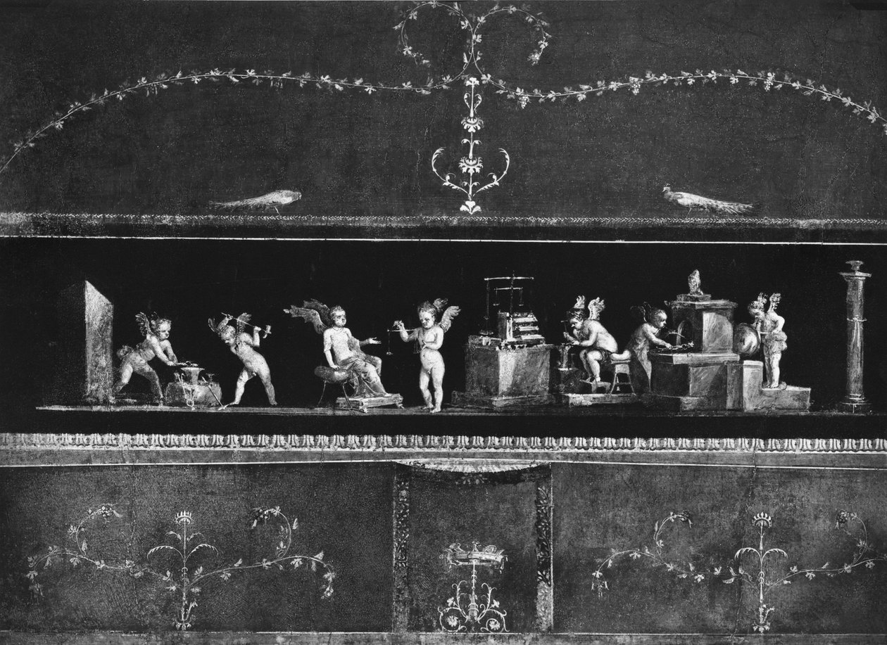 Keruber, der tjener penge, frise fra Oecus af Casa dei Vettii (Vettiiernes hus) ca. 50-79 e.Kr. af Roman