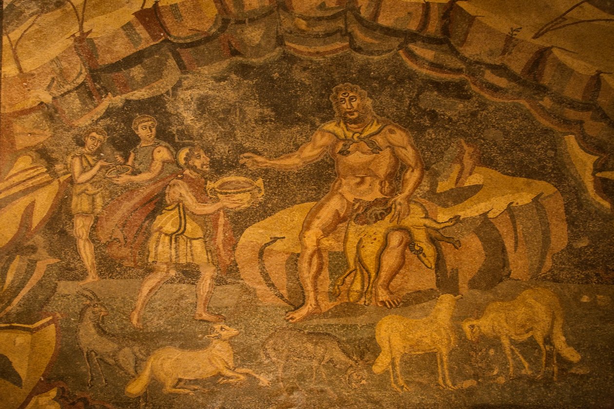 Cyclops gulvmosaik, Villa Romana del Casale, Piazza Armerina, Sicilien, Italien (foto) af Roman