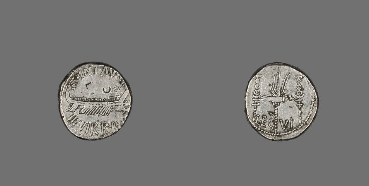Denarius forestiller en kabys, 31 f.Kr. (sølv) af Roman