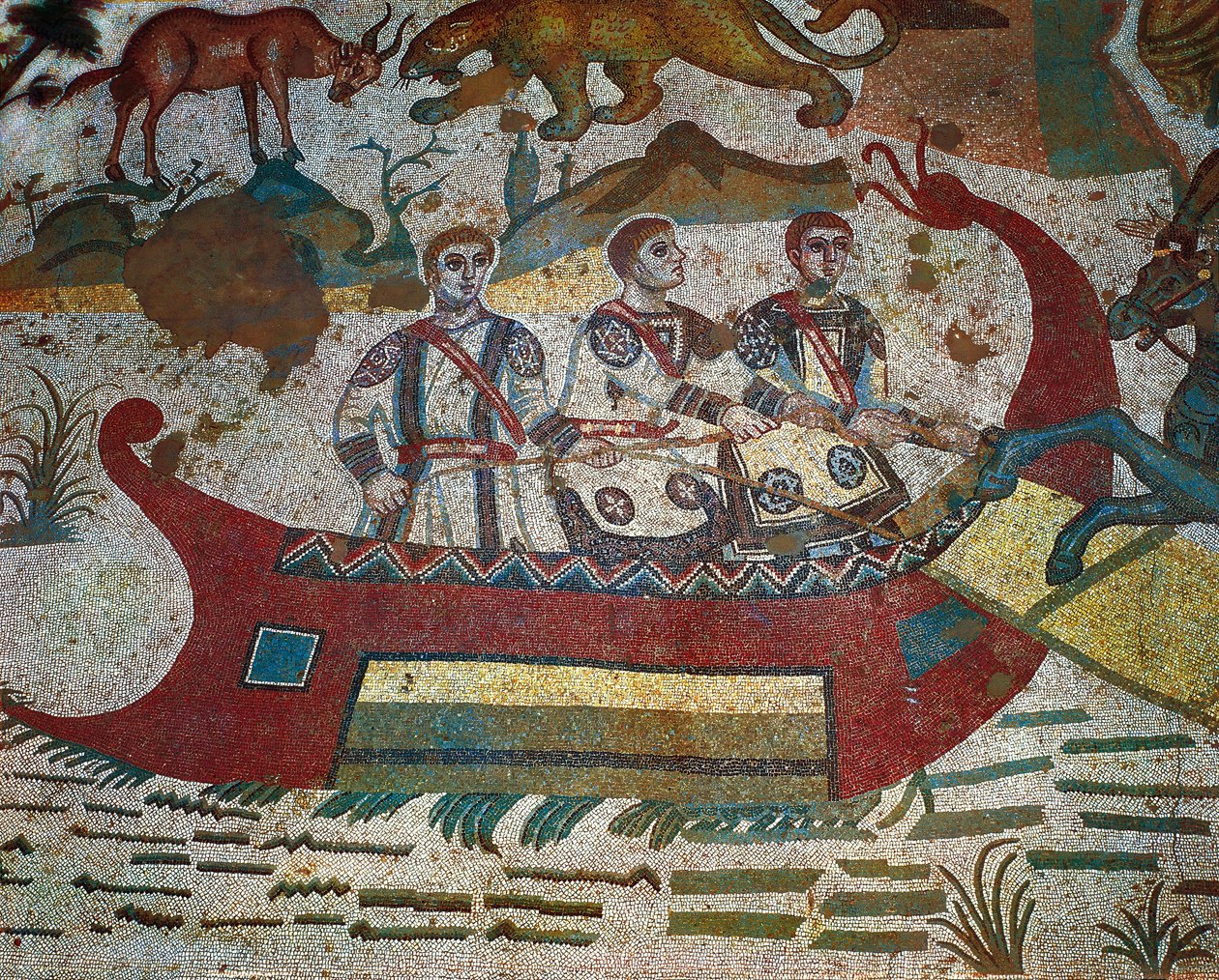Detalje fra Great Hunt-mosaik, Villa Romana del Casale, Piazza Armerina, Sicilien, Italien, 4. århundrede af Roman