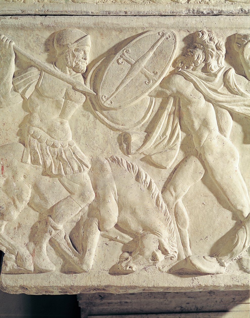 Detalje af en sarkofag, der forestiller en romersk soldat, der kæmper mod en galatisk sten af Roman