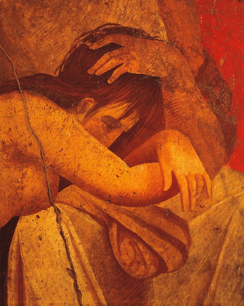 Detalje af freskomaleri, der afbilder Flagellate, Anden Pompeiansk stil, fra Villa of Mysteries, Pompeji, Campania, romersk civilisation af Roman