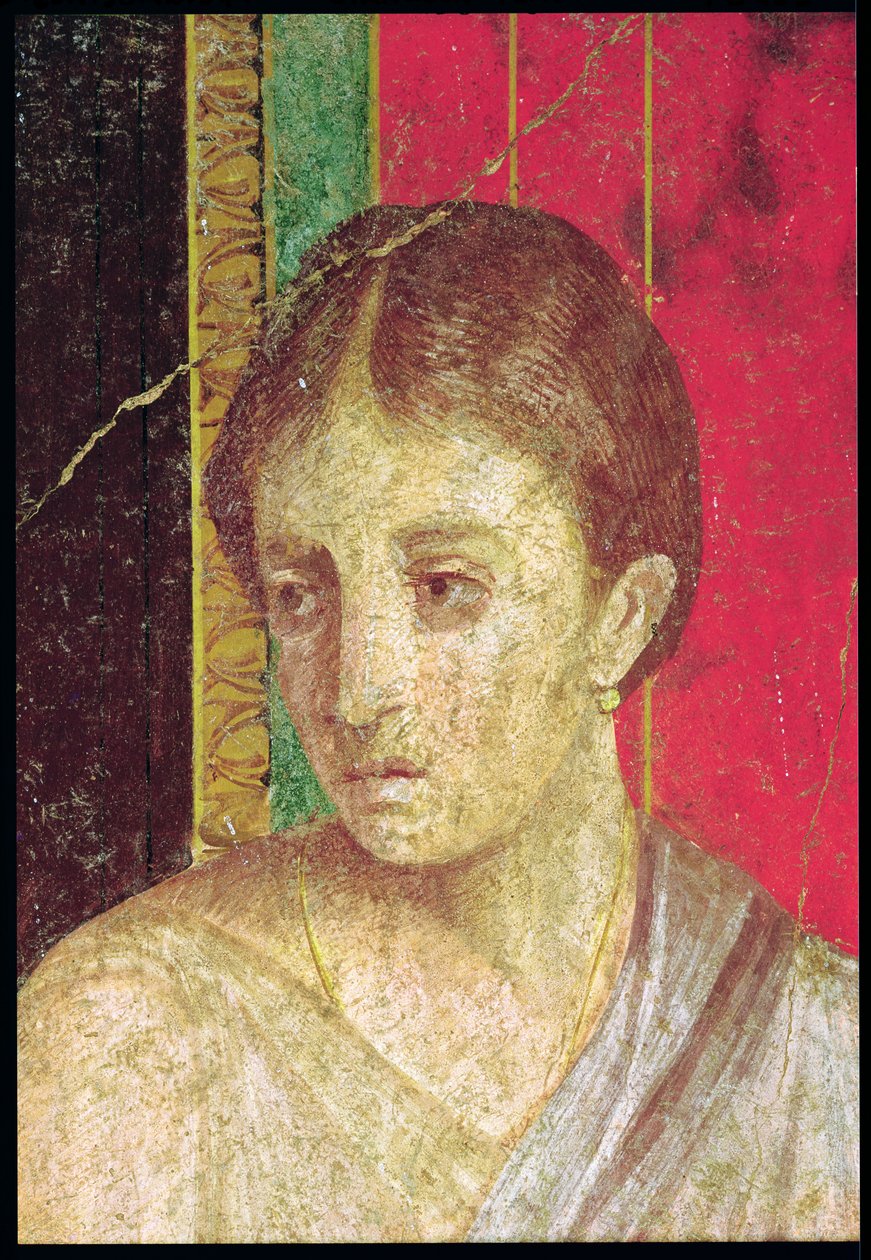 Detalje af hovedet af den siddende mor, fra katekismusscenen, nordmuren, Oecus 5, 60-50 f.Kr. fresco se også 20015 af Roman