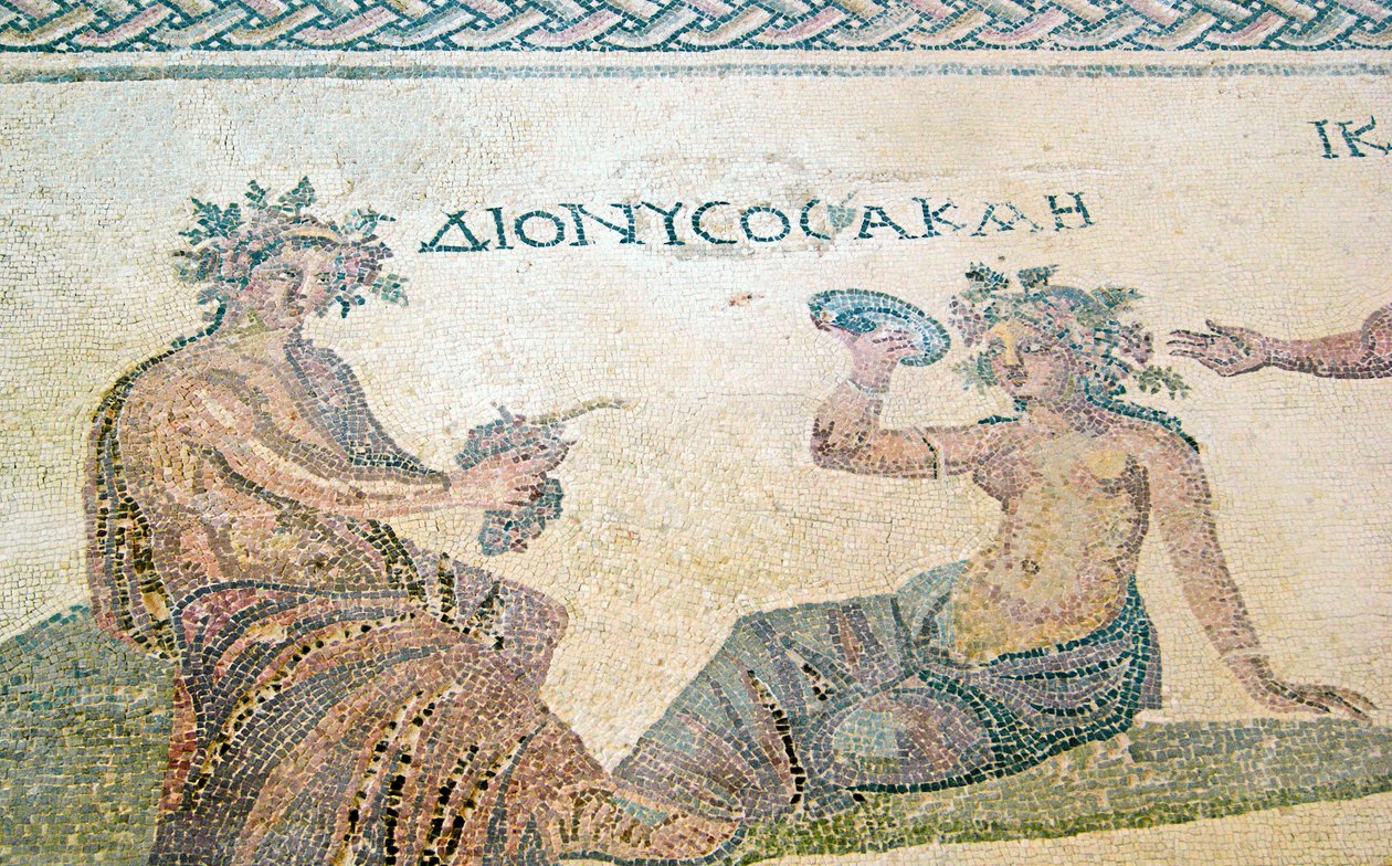 Dionysos rådgiver nymfen Akme, House of Dionysos, Paphos, Cypern (mosaik) af Roman