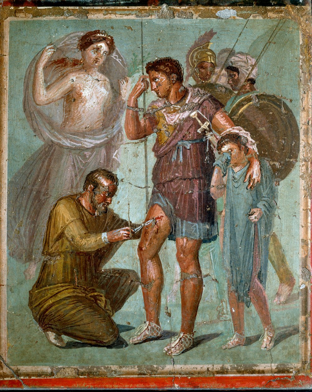 Enee sår med sin søn Iule, behandles af den græske læge Iapige, søn af Iaso. Romersk freskomaleri fra det 1. århundrede e.Kr. fra Pompei. Napoli, Nationalt Arkæologisk Museum - Romersk kunst: Sårede Aeneas behandles af Lapyges (eller lapix eller lapus elle af Roman