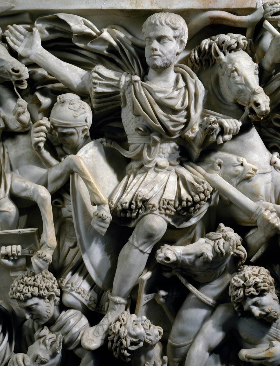 Rideportræt af Hostilianus, søn af kejser Decius, sammen med hans vagter til hest, detalje fra Den Store Ludovisi-sarkofag med relief, der viser kamp mellem romere og østgotere, ca. 260, romersk civilisation, 3. århundrede af Roman