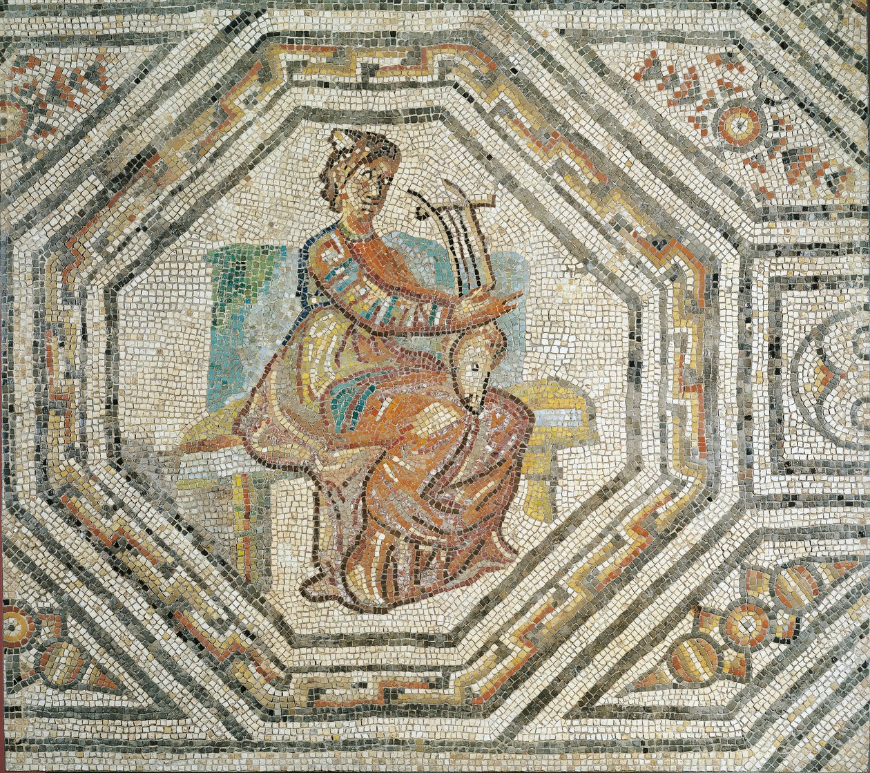 Erato, musen for lyrisk poesi, fra Augusta Treverorum (mosaik) af Roman