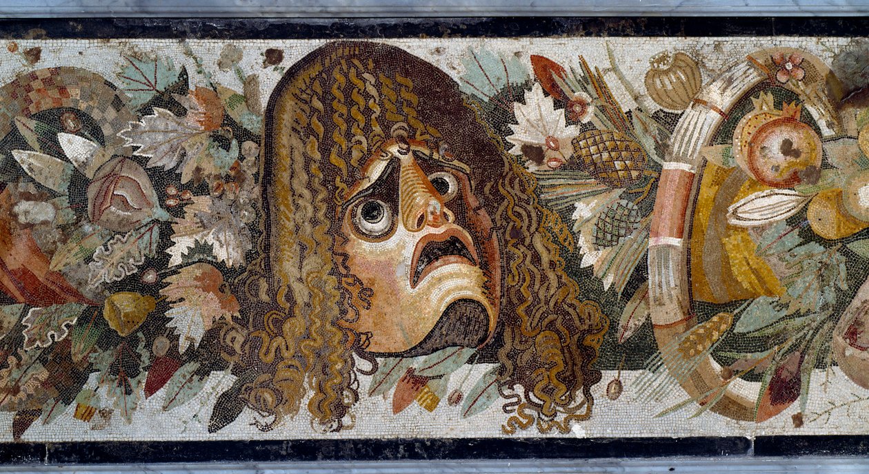 Feston med maske, blade og frugt. Detalje. Mosaik fra Casa del Fauno i Pompei, 2. århundrede f.Kr. Mål: 280 x 49 cm. Museo Nazionale Archeologico, Napoli - romersk kunst: feston med tragisk maske, blade og frugter. Detalje. Mosaik fra Faunens Hus, Po af Roman