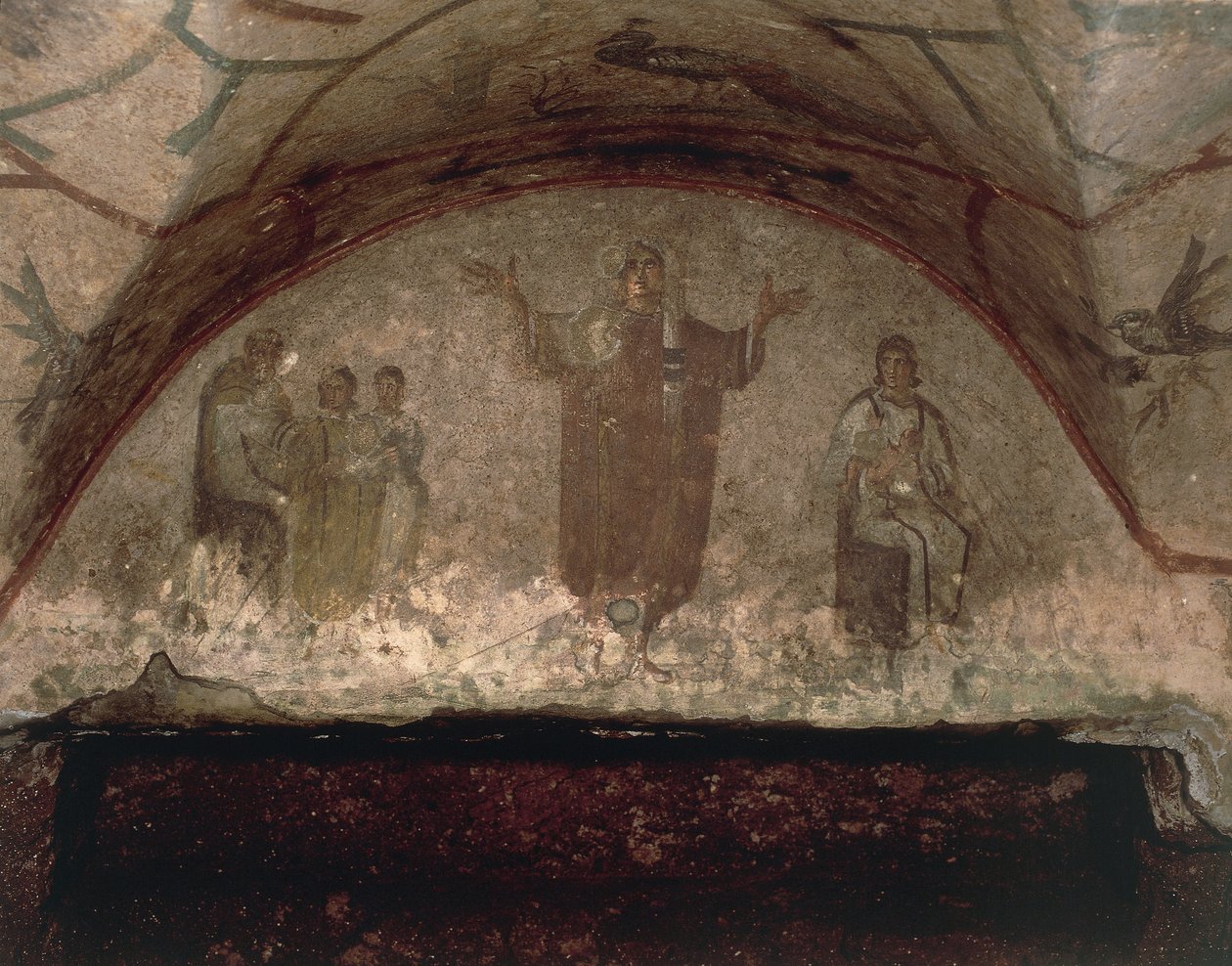 Figur af en ung kvinde med et tilsløret hoved, der beder med strakte arme, Via Salaria (fresko) af Roman