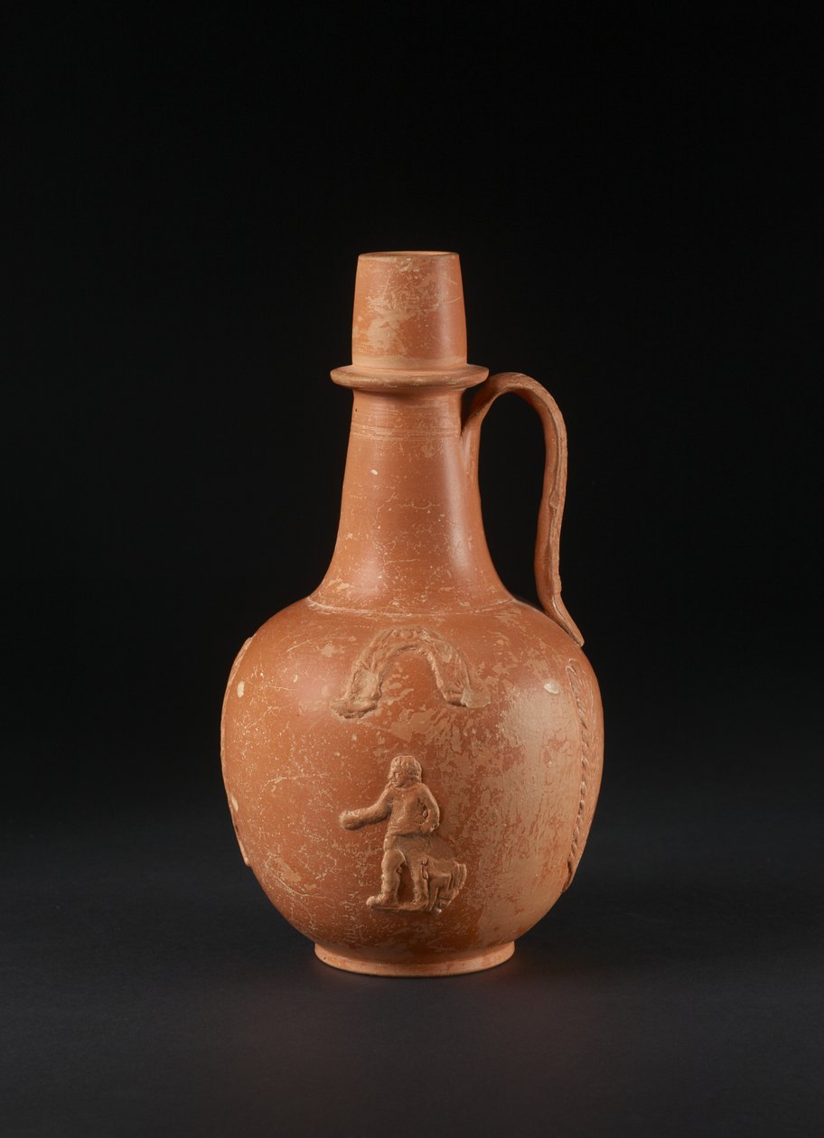 Flagon med påført dekoration af mand, fugl, palmer og guirlander, Nordafrika (afrikansk rød-slip ware) af Roman